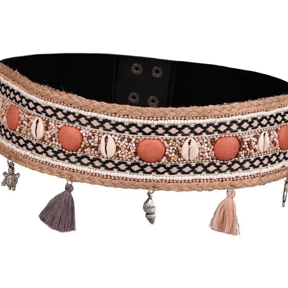 Sea Shell Boho Colorful Elastic Waist Belt CREAM